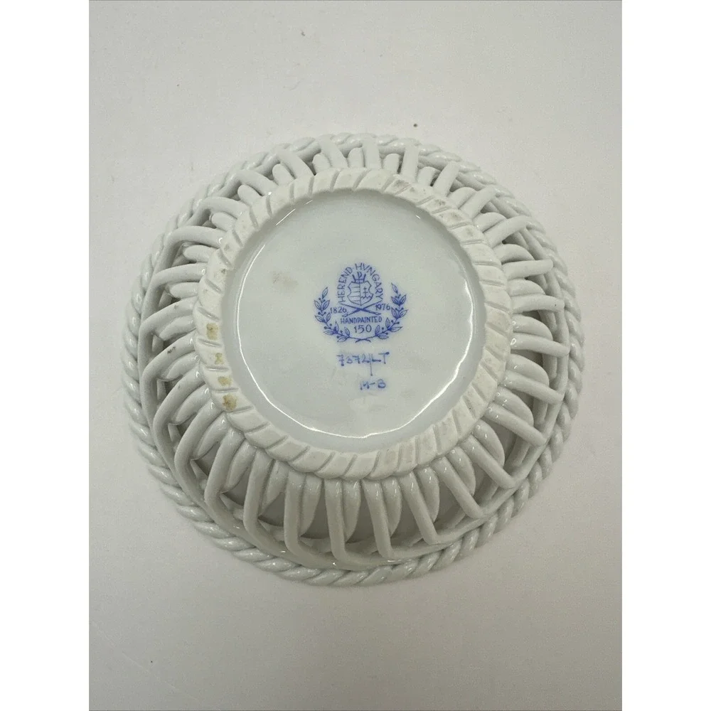 Herend Bowl Queen Victoria Open Weave Reticulated Floral Flowers Basket 4.5